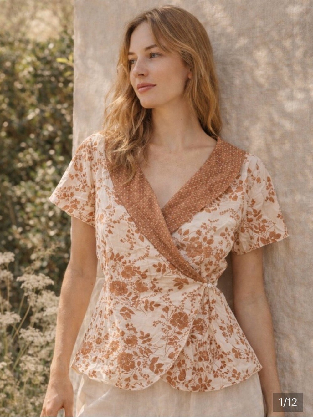 J. Jill Cream and Rust Brown Floral Wrap Cottagecore Top 16